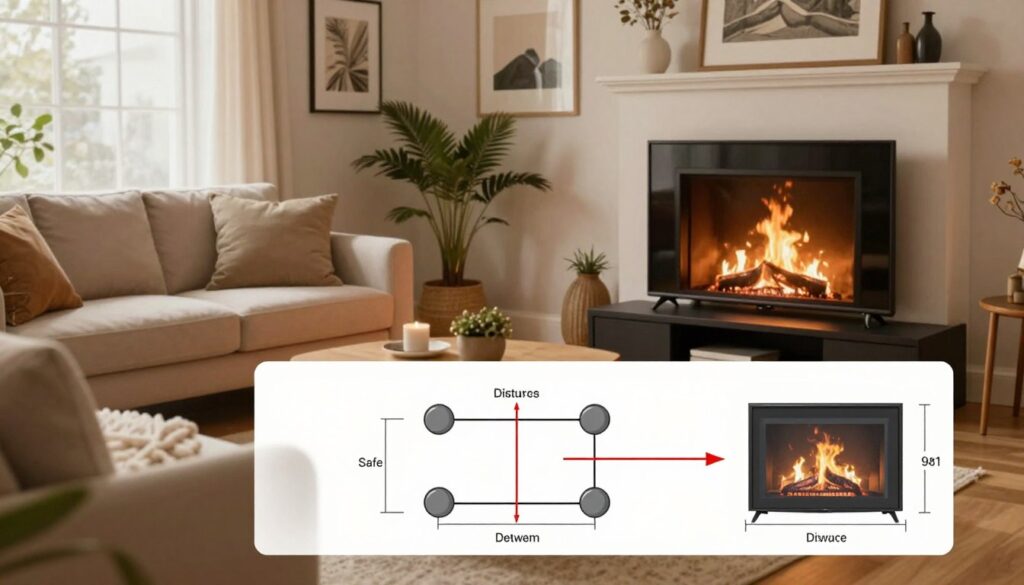 A cozy living room scene featuring a stylish fireplace with a television mounted on a sleek stand. In the foreground, a detailed diagram illustrates the safe distance guidelines between the TV and the fireplace, with measurements clearly indicated. The middle layer showcases beautifully arranged furniture, including a comfortable couch and decorative elements like plants and artwork on the walls. The background features a softly glowing fire in the fireplace, providing warm ambient lighting that enhances the inviting atmosphere. The overall mood is tranquil and homely, captured with a slight overhead angle to emphasize the layout and safety clearance. Soft, natural light from nearby windows adds warmth to the scene, ensuring a peaceful and pleasant environment.