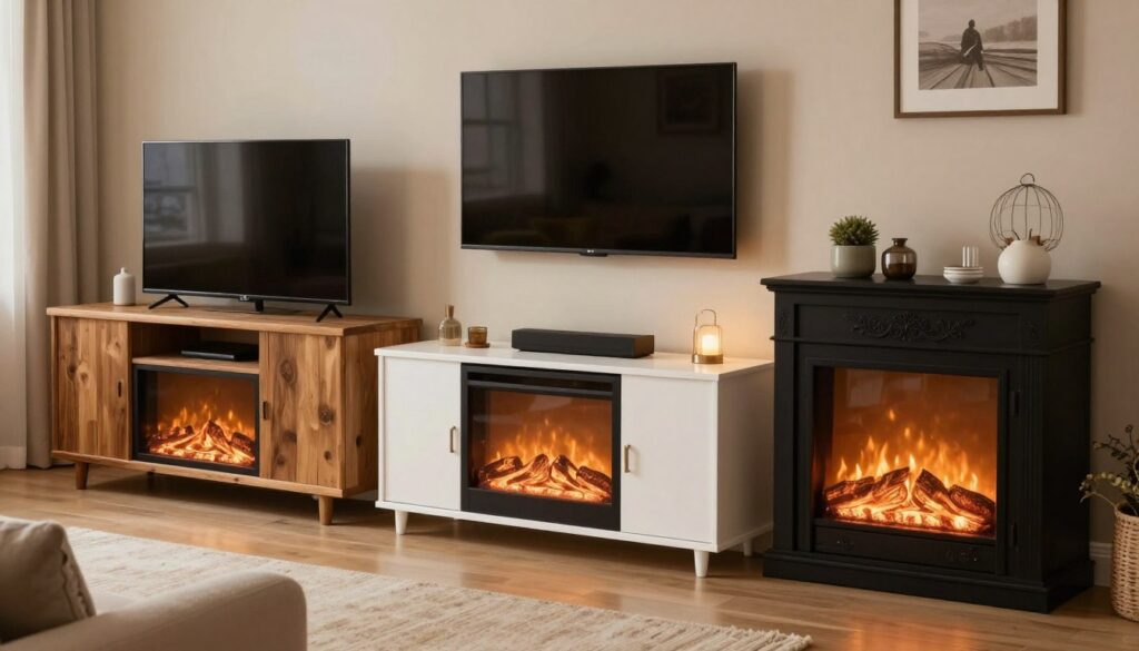 A cozy living room scene featuring a well-arranged selection of TV stands designed for electric fireplace consoles. In the foreground, showcase three different styles of TV stands: a rustic wooden console, a modern sleek white unit, and a classic black cabinet, all with electric fireplaces integrated beneath the television. The middle layer displays warm lighting that creates an inviting atmosphere, illuminating the unique textures of each stand. The background features a softly lit room with tasteful decor, including plush couches, decorative pillows, and a wall-mounted TV. A warm glow emanates from the fireplace, emphasizing a comfortable and stylish home environment. The overall mood is serene and welcoming, ideal for family gatherings or relaxation moments.
