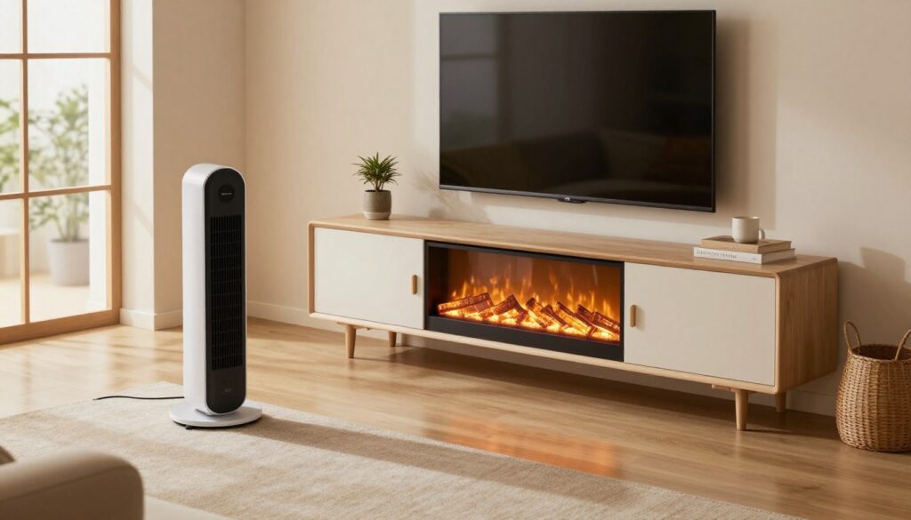 A cozy living room scene featuring alternative solutions to fireplace TV stand overheating. In the foreground, a modern, sleek cooling fan is placed beside a stylish, minimalist TV stand with an electric fireplace. The middle ground showcases a mounted flat-screen TV above the stand, with a small decorative plant nearby for added warmth. In the background, large windows allow natural light to filter in, creating a bright and inviting atmosphere. Soft, ambient lighting enhances the comfort of the space, while a warm color palette of earth tones contributes to the cozy feel. The angle is slightly elevated, capturing the entire setup harmoniously, and evokes a sense of innovation and practicality in home decor.