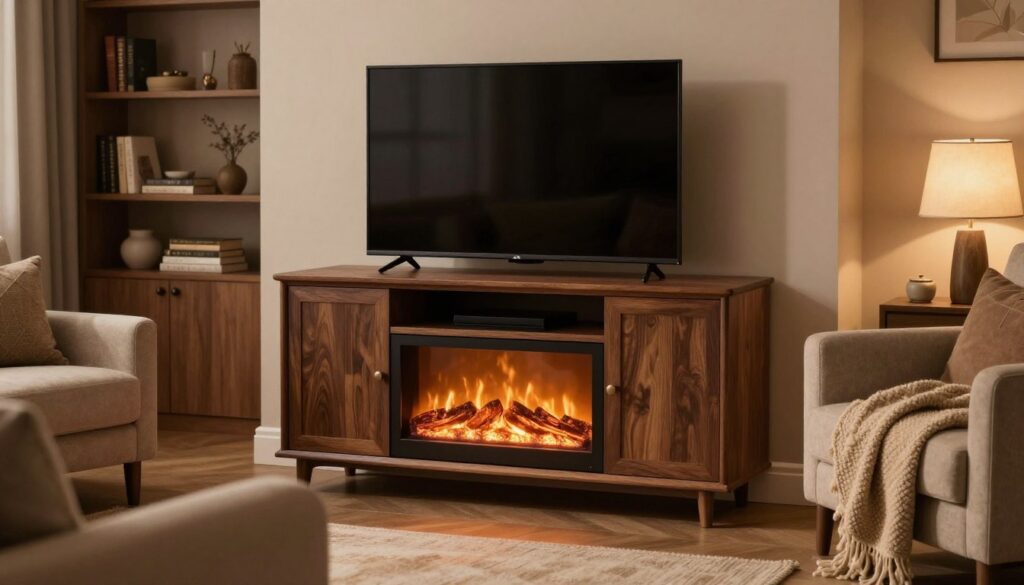 A cozy living room scene featuring an electric fireplace TV stand as the focal point. The stand is elegantly designed, made of dark wood with a sleek finish, holding a flat-screen TV above an electric fire display glowing with warm, flickering flames. Surrounding the fireplace, comfortable seating arrangements—a plush sofa and armchair adorned with soft, textured throw blankets—in a harmonious color palette of earth tones. Soft, ambient lighting from lamps casts a welcoming glow, enhancing the chill of a winter evening. In the background, a softly focused bookshelf filled with books and decorative pieces adds to the warmth of the space. The mood is inviting and serene, perfect for year-round ambiance. Capture this scene from a slightly elevated angle to emphasize the cozy atmosphere without overwhelming details.