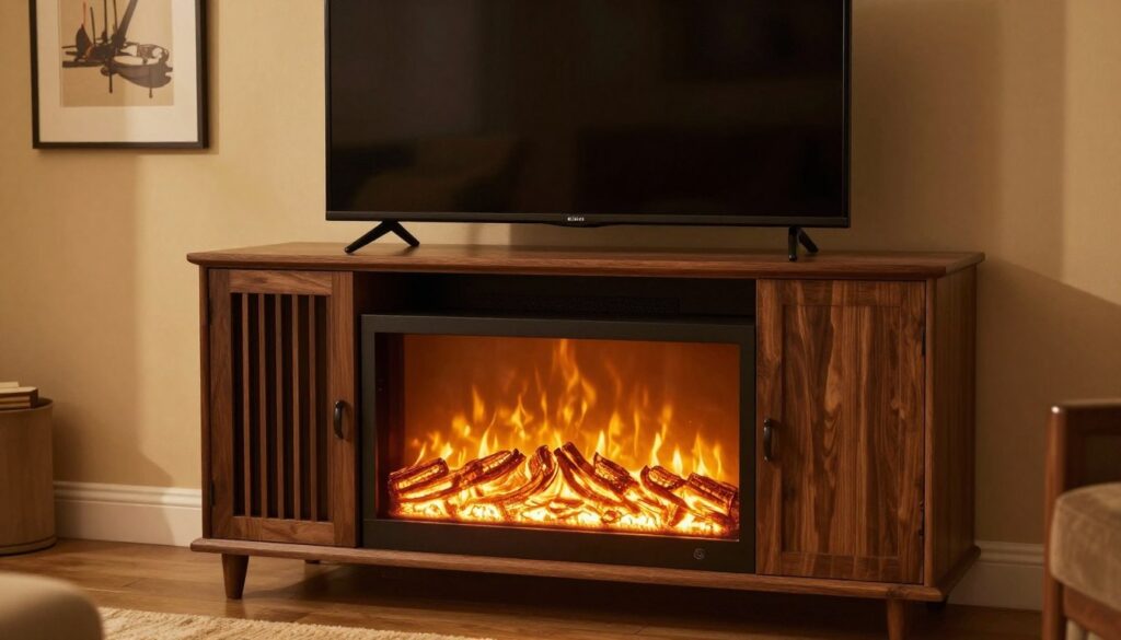 A cozy living room scene featuring an electric fireplace TV stand in operation, radiating warmth and glowing softly. In the foreground, the electric fireplace emits vibrant, flickering flames with a realistic ember effect, casting warm light across the surroundings. The middle ground showcases the TV stand, crafted from dark wood, with a flat-screen television mounted above it; the heat waves emanate visibly, creating a shimmering effect in the air. In the background, a tastefully decorated wall with framed art complements the ambiance. The room is softly lit with a golden hue, evoking a sense of comfort and relaxation. The image captures a warm and inviting atmosphere, emphasizing the fireplace's radiant heat during operation.