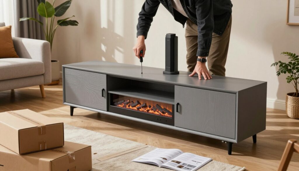 A cozy living room scene featuring the unboxing and assembly of a gray fireplace TV console. In the foreground, there are neatly placed boxes and packing materials, showing the elegant, textured gray finish of the console. A well-organized assembly manual is spread out beside the console. In the middle ground, a person dressed in smart casual attire focuses on assembling the electric fireplace stand, using a screwdriver, with an expression of concentration. The background reveals a bright, inviting room with warm lighting, casting soft shadows and creating a welcoming atmosphere. A stylish couch and decorative plants frame the scene, emphasizing a modern interior design aesthetic, all captured from a slightly angled perspective to enhance depth.