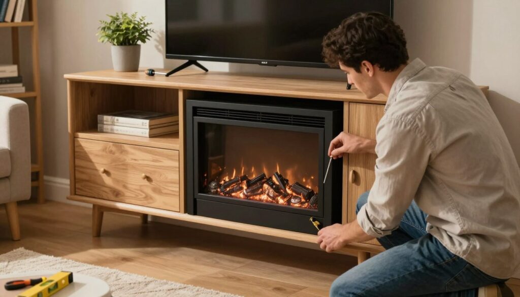 A cozy living room scene showcasing a traditional TV stand being transformed with the installation of a fireplace insert. In the foreground, a skilled technician wearing a neat, casual shirt and jeans is carefully adjusting the fireplace insert, focusing on the detailed components. In the middle ground, the TV stand is open, revealing the fireplace insert fitted snugly within, accompanied by tools like a screwdriver and level, emphasizing the hands-on approach of the installation. The background boasts a warm, inviting atmosphere with soft lighting that highlights a nearby armchair and a few decorative elements like potted plants and a bookshelf. The overall mood is one of warmth and craftsmanship, evoking a sense of comfort and home improvement.