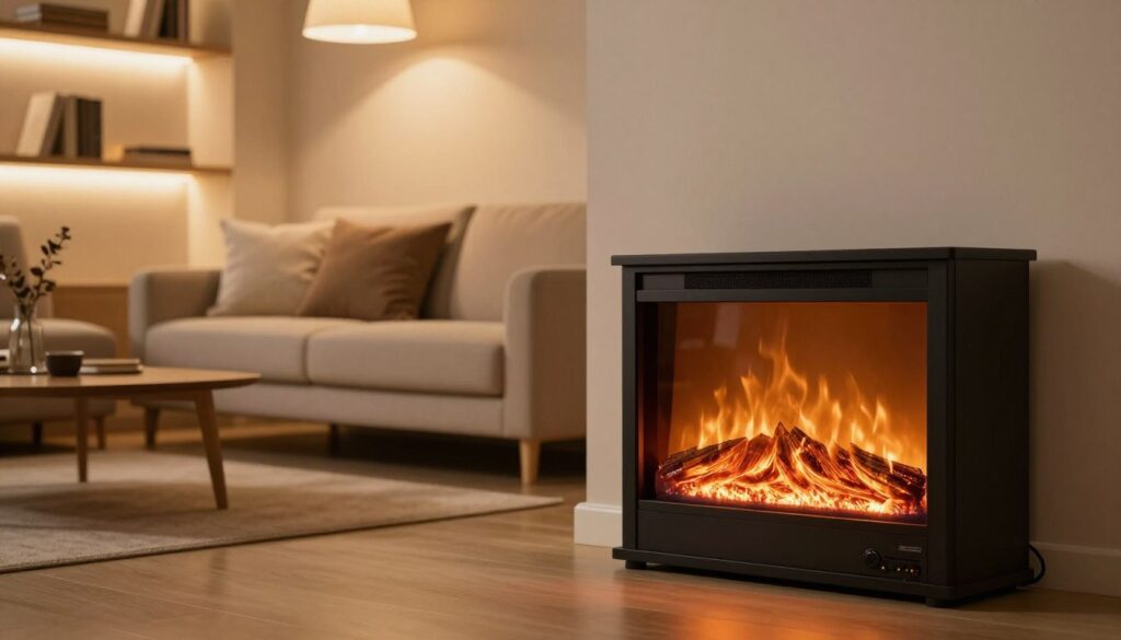 A cozy living room scene showcasing an electric fireplace media center. In the foreground, the stylish entertainment center features a sleek electric fireplace with a vibrant flame effect, glowing warmly. The middle ground includes a comfortable sofa adorned with soft throw pillows, creating an inviting atmosphere. Behind it, a softly lit wall with decorative shelves adds depth and warmth to the space. The room is illuminated by soft, ambient lighting from overhead fixtures, casting a serene glow. The scene captures a homely and relaxed mood, perfect for illustrating how electric fireplace entertainment centers generate warmth and comfort in a modern living environment. The image is viewed from a slight angle, emphasizing the fireplace's heating elements and the overall coziness of the setup.