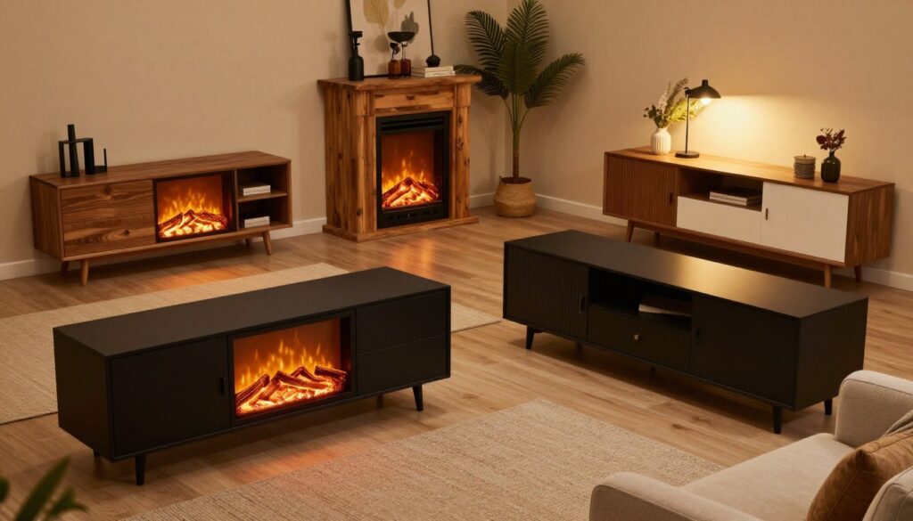 A cozy living room scene showcasing various electric fireplace and TV stand combinations. In the foreground, feature three distinct design options: a modern, sleek black TV stand with a mounted electric fireplace, a rustic wooden stand with a traditional fireplace unit, and a stylish contemporary unit with ambient lighting. The middle of the image should display a warm and inviting atmosphere, with soft lighting that highlights the textures of the furniture and the glow of the fireplaces. In the background, add elements like a comfortable sofa and decorative plants to enhance the homely feel. The angle should be a slight overhead view, capturing the full layout of the living room setup, and creating a sense of warmth and comfort.