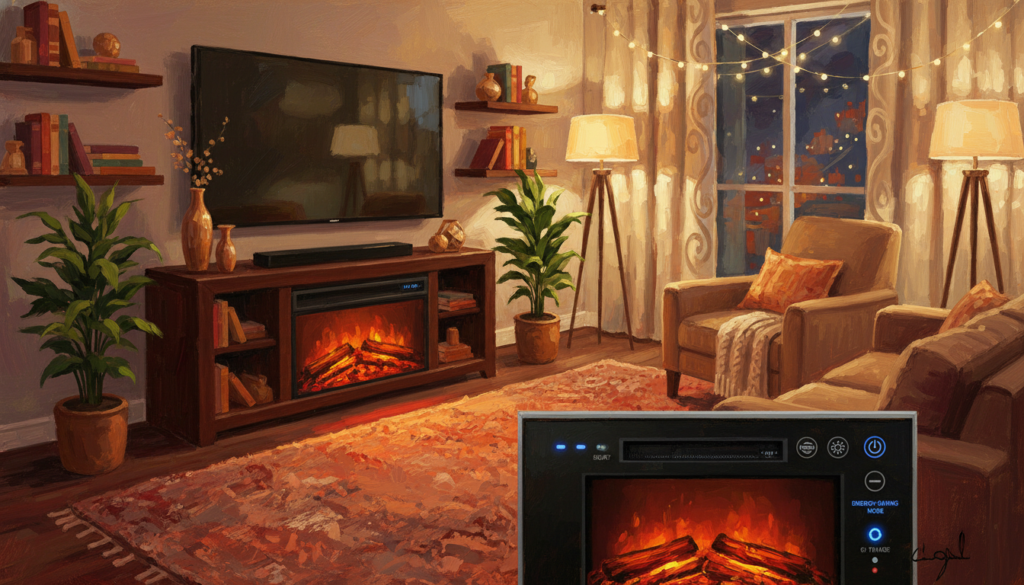 A cozy living room setting featuring a stylish TV stand fireplace, elegantly designed with energy-efficient features. In the foreground, display a close-up of a contemporary fireplace showing its controls and energy-saving indicator lights. The middle ground includes a well-organized space with a TV mounted above the fireplace, surrounded by neatly arranged decor, such as plants and books. The background should depict a warm and inviting room with soft, ambient lighting, suggesting a comfortable atmosphere. Use a warm color palette with a slight glow from the fireplace to create a relaxing mood. Ensure the scene is captured from a slightly elevated angle, giving depth and focus to the fireplace while emphasizing its energy-saving attributes.
