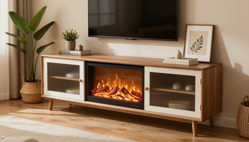 A cozy living room setting featuring a stylish TV stand with a built-in electric fireplace. In the foreground, the TV stand is adorned with safety features such as tempered glass doors and a secure fireplace unit, with glowing embers and warm flames adding a comforting touch. The middle ground includes decorative elements like potted plants and tasteful artwork displayed above the mantel. In the background, soft light filters through a window, illuminating the room and enhancing the inviting atmosphere. The angle captures a slightly elevated perspective, showcasing the grandeur of the TV stand while maintaining a warm ambiance. The mood is homely and welcoming, perfect for illustrating the importance of safety and aesthetics in selecting a TV stand with an electric fireplace.