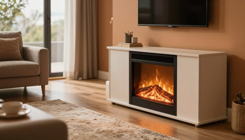 A cozy living room setting featuring a stylish fireplace TV console, designed for zone heating, positioned against a warm-hued wall. In the foreground, a modern console with an integrated electric fireplace emits a soft, inviting glow, radiating warmth. In the middle, a plush area rug and comfortable seating invite relaxation, while ambient lighting highlights the console's elegant surface. In the background, large windows allow natural light to filter in, illuminating the room and enhancing the inviting atmosphere. The scene exudes a sense of comfort and energy efficiency, perfectly embodying the benefits of zone heating. Use a warm color palette to evoke a snug ambiance, captured with a slight depth of field to focus on the console. The overall mood is tranquil and inviting, ideal for a family gathering. A cozy living room setting featuring a stylish fireplace TV console, designed for zone heating, positioned against a warm-hued wall. In the foreground, a modern console with an integrated electric fireplace emits a soft, inviting glow, radiating warmth. In the middle, a plush area rug and comfortable seating invite relaxation, while ambient lighting highlights the console's elegant surface. In the background, large windows allow natural light to filter in, illuminating the room and enhancing the inviting atmosphere. The scene exudes a sense of comfort and energy efficiency, perfectly embodying the benefits of zone heating. Use a warm color palette to evoke a snug ambiance, captured with a slight depth of field to focus on the console. The overall mood is tranquil and inviting, ideal for a family gathering.