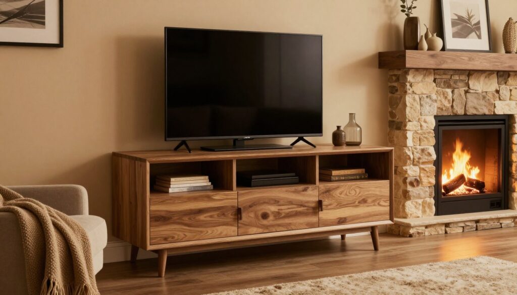 A cozy living room setting featuring a stylish fireplace TV stand positioned against a warm, inviting wall. The TV stand is elegantly designed, showcasing a blend of modern and rustic elements, with a sleek surface to hold a television and additional shelves for decorative items. A natural stone fireplace is flickering softly in the background, casting a gentle, warm glow. On one side, a comfortable armchair adorned with a cozy throw blanket invites relaxation. Soft, ambient lighting enhances the cozy atmosphere, while a perfectly positioned angle captures both the fireplace and the TV stand harmoniously. The scene radiates comfort and style, ideal for anyone looking to buy functional yet beautiful furniture for their home. A cozy living room setting featuring a stylish fireplace TV stand positioned against a warm, inviting wall. The TV stand is elegantly designed, showcasing a blend of modern and rustic elements, with a sleek surface to hold a television and additional shelves for decorative items. A natural stone fireplace is flickering softly in the background, casting a gentle, warm glow. On one side, a comfortable armchair adorned with a cozy throw blanket invites relaxation. Soft, ambient lighting enhances the cozy atmosphere, while a perfectly positioned angle captures both the fireplace and the TV stand harmoniously. The scene radiates comfort and style, ideal for anyone looking to buy functional yet beautiful furniture for their home.