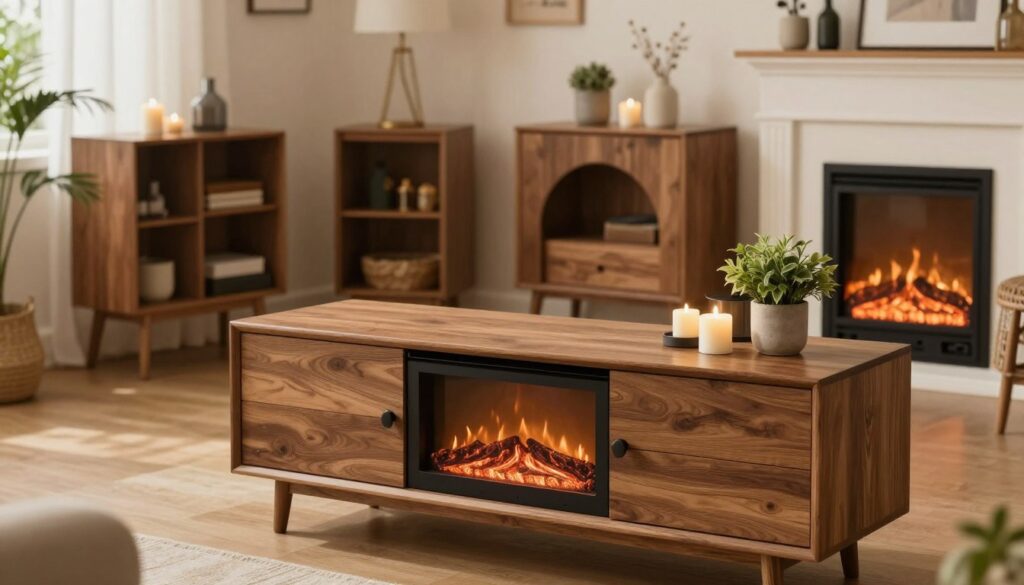 A cozy living room setting featuring a stylish fireplace TV stand, showcasing various designs available online. In the foreground, focus on an elegant wooden TV stand with an integrated electric fireplace, topped with decorative elements like candles and a potted plant. In the middle ground, include other appealing stands in diverse styles, such as modern, rustic, and farmhouse, arranged aesthetically. The background should depict a warm and inviting room with a glowing fireplace, soft lighting, and an overall homely atmosphere. Use a warm color palette to evoke comfort, and employ a slight depth of field effect to emphasize the foreground details. Capture the scene from a slightly angled perspective to create depth and visual interest. The image should feel welcoming and inspire ideas for home decor. A cozy living room setting featuring a stylish fireplace TV stand, showcasing various designs available online. In the foreground, focus on an elegant wooden TV stand with an integrated electric fireplace, topped with decorative elements like candles and a potted plant. In the middle ground, include other appealing stands in diverse styles, such as modern, rustic, and farmhouse, arranged aesthetically. The background should depict a warm and inviting room with a glowing fireplace, soft lighting, and an overall homely atmosphere. Use a warm color palette to evoke comfort, and employ a slight depth of field effect to emphasize the foreground details. Capture the scene from a slightly angled perspective to create depth and visual interest. The image should feel welcoming and inspire ideas for home decor.