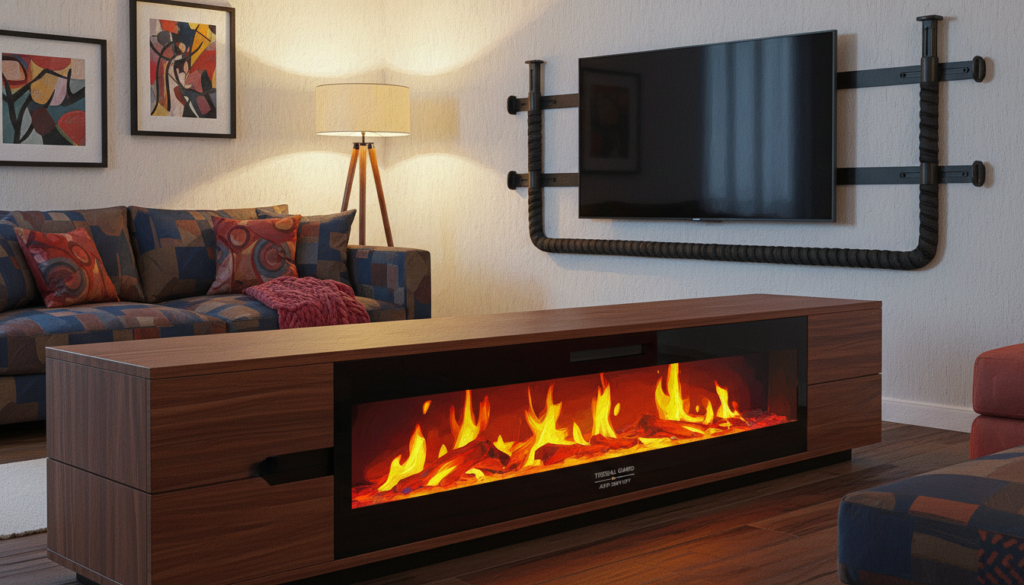 A cozy living room setting featuring an electric fireplace media console designed with essential safety features. In the foreground, the sleek media console has a realistic flame display, surrounded by a protective glass front. In the middle, the console is positioned beneath a wall-mounted television, showcasing cable management solutions and anti-tip fasteners. In the background, a comfortable sofa and tasteful decor enhance the inviting atmosphere. Soft, warm lighting casts gentle shadows, creating a relaxing ambiance. The image should convey a sense of safety and modern design, emphasizing the practicality of the console's safety features, such as thermal insulation and overheat protection. Capture the scene from a slightly elevated angle to provide a comprehensive view of the console's functionality and safety components. A cozy living room setting featuring an electric fireplace media console designed with essential safety features. In the foreground, the sleek media console has a realistic flame display, surrounded by a protective glass front. In the middle, the console is positioned beneath a wall-mounted television, showcasing cable management solutions and anti-tip fasteners. In the background, a comfortable sofa and tasteful decor enhance the inviting atmosphere. Soft, warm lighting casts gentle shadows, creating a relaxing ambiance. The image should convey a sense of safety and modern design, emphasizing the practicality of the console's safety features, such as thermal insulation and overheat protection. Capture the scene from a slightly elevated angle to provide a comprehensive view of the console's functionality and safety components.