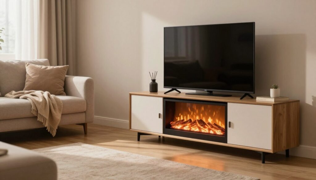 A cozy living room showcasing a cost-effective electric fireplace TV stand. In the foreground, a stylish modern TV stand with an integrated electric fireplace, exuding a warm glow. The middle ground features a plush couch adorned with soft blankets and decorative pillows, inviting comfort. To the background, a softly lit room with minimalistic decor and calming neutral tones, allowing the fireplace's light to create a heartwarming ambiance. The scene is illuminated by the fireplace's flames, casting gentle shadows and enhancing the cozy atmosphere. The perspective is slightly angled to capture both the fireplace and television together, highlighting the dual functionality. Overall, the mood is warm, inviting, and tranquil, perfect for illustrating efficient heating solutions.