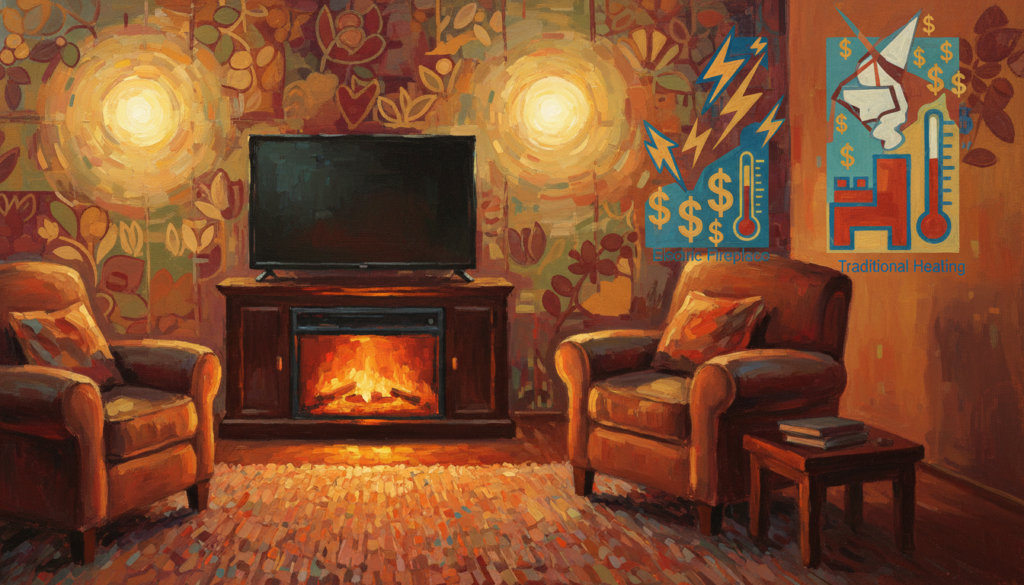 A cozy living room showcasing an electric fireplace TV combo, centrally placed in the foreground. The electric fireplace is glowing warmly, radiating a soft orange light that creates a comforting atmosphere. Surrounding the fireplace, stylish furniture is arranged to enhance the casual yet sophisticated setting. In the middle ground, a visually appealing chart or infographic subtly presents a heating efficiency comparison between electric fireplaces and traditional heating methods, with clear visuals of energy usage and cost comparisons. The background features a softly lit wall with decorative elements and a warm color palette to evoke a sense of comfort and tranquility. The overall mood is inviting and informative, with balanced lighting that highlights the fireplace's warmth and draws attention to the comparative data. No text or labels present, ensuring focus remains on the visual narrative.