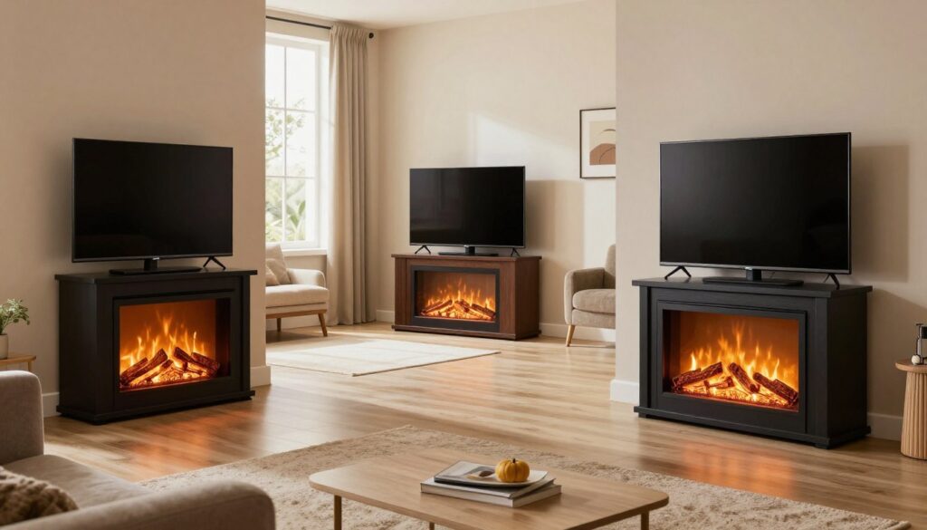 A cozy living room showcasing different fireplace TV console models across various room sizes, highlighting their power usage efficiency. In the foreground, a sleek electric fireplace stand with a TV mounted above is illuminated, with a warm glow emanating from the fireplace. In the middle ground, three distinct rooms of varying dimensions—small, medium, and large—display the consoles in situ. The small room is intimate and inviting, while the medium room balances comfort and functionality, and the large room is spacious and modern. The background features soft natural lighting coming through large windows, creating a relaxed atmosphere. Use a wide-angle lens to capture all elements harmoniously, ensuring that the focus remains on the fireplaces and their placements.