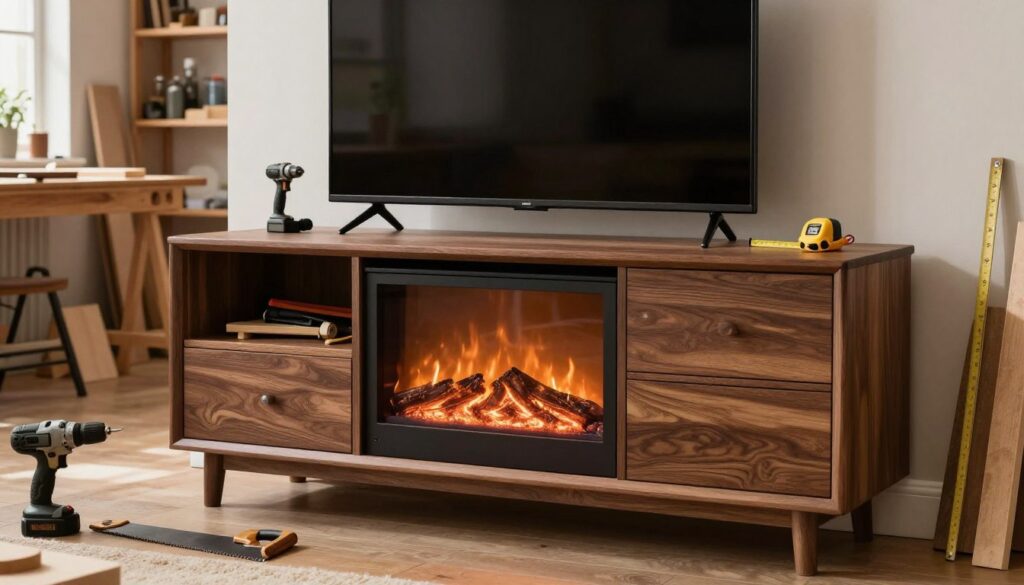 A cozy woodworking corner featuring a stylish TV stand with an integrated electric fireplace. The foreground showcases the TV stand, constructed from rich, dark wood with a soft sheen, neatly housing a modern flat-screen TV above the fireplace. Surrounding the stand are various tools like a drill, saw, and measuring tape, emphasizing the woodworking aspect. In the middle, the electric fireplace glows warmly, casting a gentle light that flickers upon a nearby wall. The background hints at a well-organized workshop with shelves filled with woodworking supplies, a workbench, and natural light streaming in from a window, creating an inviting atmosphere. The scene is shot from a slightly elevated angle, capturing both the detail of the stand and the warm ambiance of the fireplace setup.