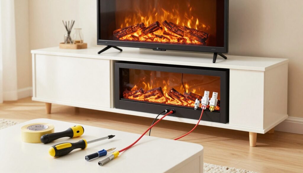 A detailed and informative illustration of electric fireplace installation instructions focusing on power setup. In the foreground, display a neatly organized workspace with essential tools like a screwdriver, electrical tape, and wire connectors, arranged methodically. In the middle ground, an open TV stand housing an electric fireplace, showcasing clearly labeled electrical components and connectors, with visible wires and plugs illustrating the connection points. The background features a well-lit room with a cozy atmosphere, highlighting the fireplace as the focal point. Use natural lighting to create a warm ambiance, capturing the inviting essence of a home. The image should avoid any textual elements, emphasizing clarity and professionalism in the presentation of electrical assembly.