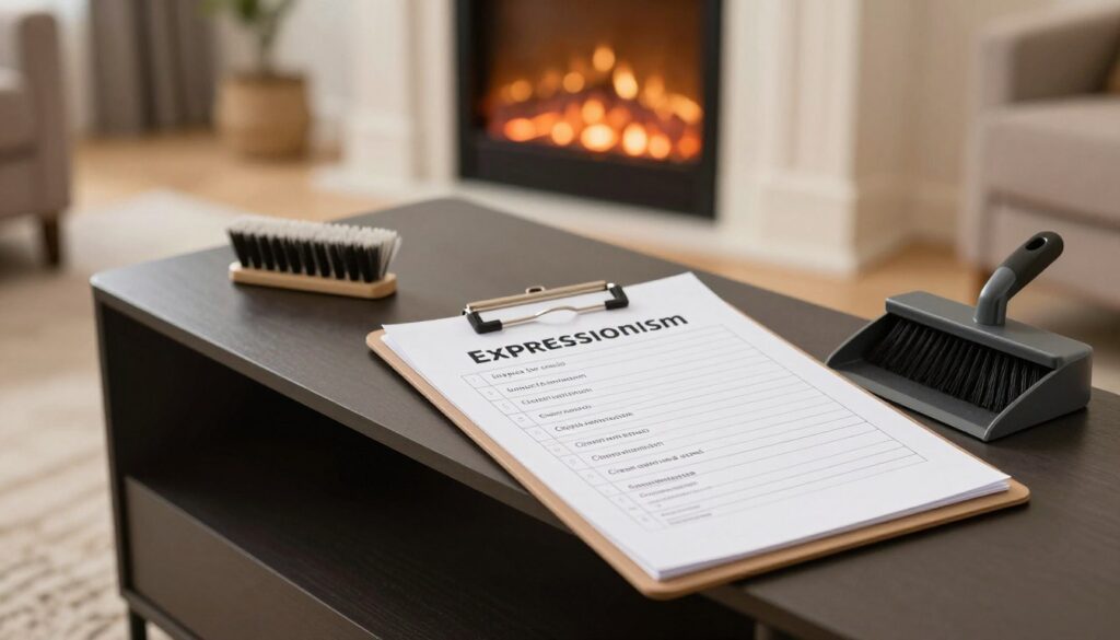 A detailed and informative image illustrating a fireplace media console maintenance checklist, showcasing visual elements of safety and upkeep. In the foreground, a neatly organized checklist on a clipboard, featuring items like "Inspect for cracks," "Check ventilation," and "Clean ash and soot." In the middle ground, a modern fireplace media console with a stylish design, displaying a set of tools, including a brush and a dustpan, beside the checklist. The background consists of a cozy living room setting with warm lighting emanating from the fireplace, casting a soft glow. The atmosphere is inviting yet professional, capturing the essence of responsible maintenance for long-term safety in home environments. Use a slightly elevated angle to give an overview of the console and checklist, ensuring clarity and focus.