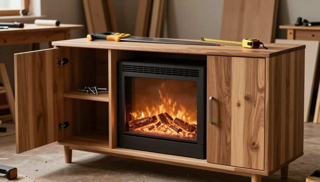 A detailed and inviting image of a partially constructed media stand featuring cabinet doors with a built-in heater. The foreground showcases a sleek, modern cabinet with stylish wood finish, open cabinet doors revealing storage space, and a prominent, elegant fireplace unit nestled within. The middle ground highlights tools like a saw, screws, and a measuring tape on a workbench, emphasizing an active DIY environment. In the background, a softly lit workshop with wooden beams and ambient light filters through, creating a warm and inspiring atmosphere. The overall mood is one of creativity and craftsmanship, with natural lighting casting gentle shadows, enhancing the rich textures of the wood and the fireplace’s glow.