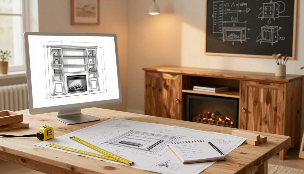 A detailed and organized workspace featuring a handcrafted corner fireplace TV cabinet design. In the foreground, show a large drafting table covered with blueprints, measuring tape, and wooden blocks representing measurements. On the table, include a scale ruler and a notepad with handwritten notes. The middle section displays an intricately sketched elevation view of the corner fireplace TV cabinet, alongside a 3D model for visualization. The background should showcase a warmly lit room, with soft, ambient lighting highlighting the cozy atmosphere. A wall-mounted chalkboard displays additional measurements and pencil sketches. The mood is focused and professional, emphasizing planning and precision in DIY projects.
