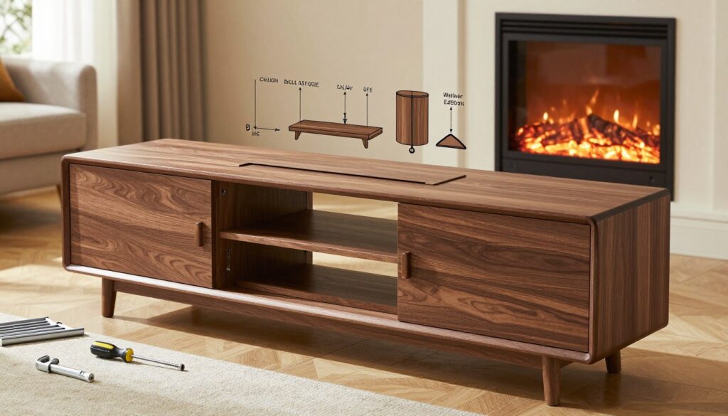 A detailed assembly image of a Walker Edison TV stand frame for a fireplace, positioned prominently in the foreground. The frame is made of high-quality wood with a rich walnut finish, featuring a stylish modern design. Tools like a screwdriver and Allen wrench are neatly organized beside the assembly components. In the middle ground, incorporate step-by-step visual cues, including labeled leg and shelf parts laid out for clarity. The background is a soft-focus living room setting with a warm ambiance, showcasing a cozy atmosphere, softly lit by a nearby window. Use natural light to highlight the textures of the wood and create inviting shadows. Capture the scene from a slightly elevated angle to provide a comprehensive view of the assembly process, ensuring a professional and instructional feel.