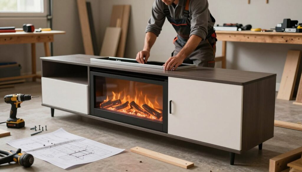 A detailed assembly scene showcasing the foundation of an electric fireplace media center. In the foreground, a partially assembled TV stand with a sleek, contemporary design, featuring a built-in electric fireplace. Tools like a drill, screws, and wooden planks are scattered nearby, emphasizing the construction process. The middle ground reveals a craftsman in professional work attire, focused on fitting the frame together, surrounded by a workspace filled with blueprints and materials. The background displays a well-lit garage, with soft, warm lighting that creates a cozy, inviting atmosphere. The angle captures the action from a low perspective, emphasizing the craftsmanship and attention to detail, making the viewer feel engaged in the building process.