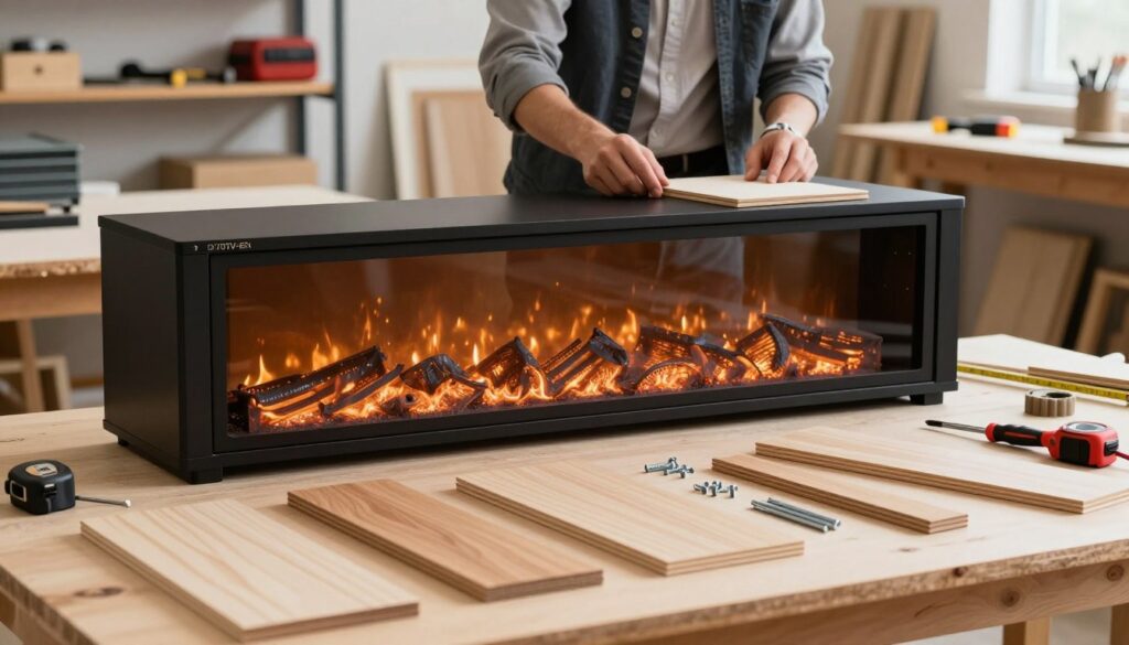 A detailed assembly tutorial showing the construction of a DL70TV-BLK fireplace YouTube TV stand, set in a well-lit workshop. In the foreground, focus on the various assembly pieces laid out neatly, including wood panels, screws, and tools like a screwdriver and measuring tape. In the middle ground, depict a person dressed in professional business attire, carefully assembling the frame with clear step-by-step actions. The background showcases shelves with tools and materials, providing a realistic workshop vibe. The lighting should be bright and inviting to enhance clarity, with a slight focus blur on the background to emphasize the assembly process. The overall mood is instructional and encouraging, ideal for a DIY audience.
