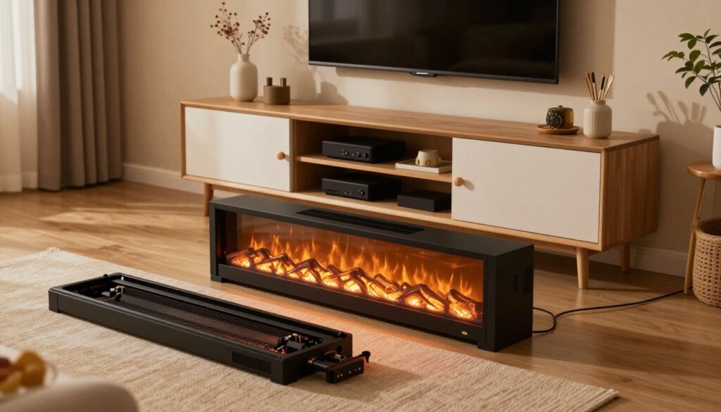 A detailed breakdown of electric fireplace insert TV stand components in a modern living room setting. In the foreground, showcase a partially disassembled electric fireplace unit with visible heating elements and LED lighting, emphasizing its intricate design. The middle layer features a stylish TV stand with open compartments displaying storage for media devices and decorative items. In the background, a warm and inviting living room ambiance, illuminated by soft, ambient lighting, enhances the cozy atmosphere. Use a wide-angle lens perspective to capture the entire setup while maintaining clarity on each component. The mood is warm and inviting, ideal for a family gathering space, with a blend of modern technology and homey decor.