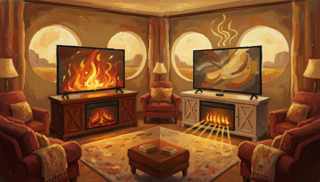 A detailed comparison image featuring a stylish living room setting with two distinct TV console models side by side. On the left, a flame-only fireplace console with a realistic, flickering flame effect, showcasing its glowing ambiance and traditional design. On the right, a heated model with visible heating elements and soft, warm light emanating from it. The background consists of a cozy room filled with warm colors, soft lighting, and comfortable furniture. Use a wide-angle shot to capture both models in focus while emphasizing their differences. The atmosphere should feel inviting and informative, perfect for a safety comparison. The lighting should highlight both consoles equally, creating a warm and welcoming mood without any distractions or text overlays. A detailed comparison image featuring a stylish living room setting with two distinct TV console models side by side. On the left, a flame-only fireplace console with a realistic, flickering flame effect, showcasing its glowing ambiance and traditional design. On the right, a heated model with visible heating elements and soft, warm light emanating from it. The background consists of a cozy room filled with warm colors, soft lighting, and comfortable furniture. Use a wide-angle shot to capture both models in focus while emphasizing their differences. The atmosphere should feel inviting and informative, perfect for a safety comparison. The lighting should highlight both consoles equally, creating a warm and welcoming mood without any distractions or text overlays.