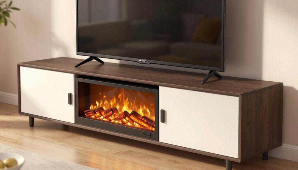 A detailed illustration of a contemporary TV stand fireplace unit, showcasing safety features prominently. In the foreground, highlight a sleek, modern TV stand that incorporates a built-in electric fireplace. Display safety elements such as tempered glass panels, a heat-resistant surface, and childproof locks. In the middle ground, depict the fireplace's glowing flames reflected softly on the television screen, emphasizing warmth. In the background, create a cozy living room setting with attention to soft, ambient lighting that enhances the inviting atmosphere. Use a perspective angle that captures the entire unit, ensuring clear visibility of its design and safety features, with a focus on maintaining a warm, homey mood.
