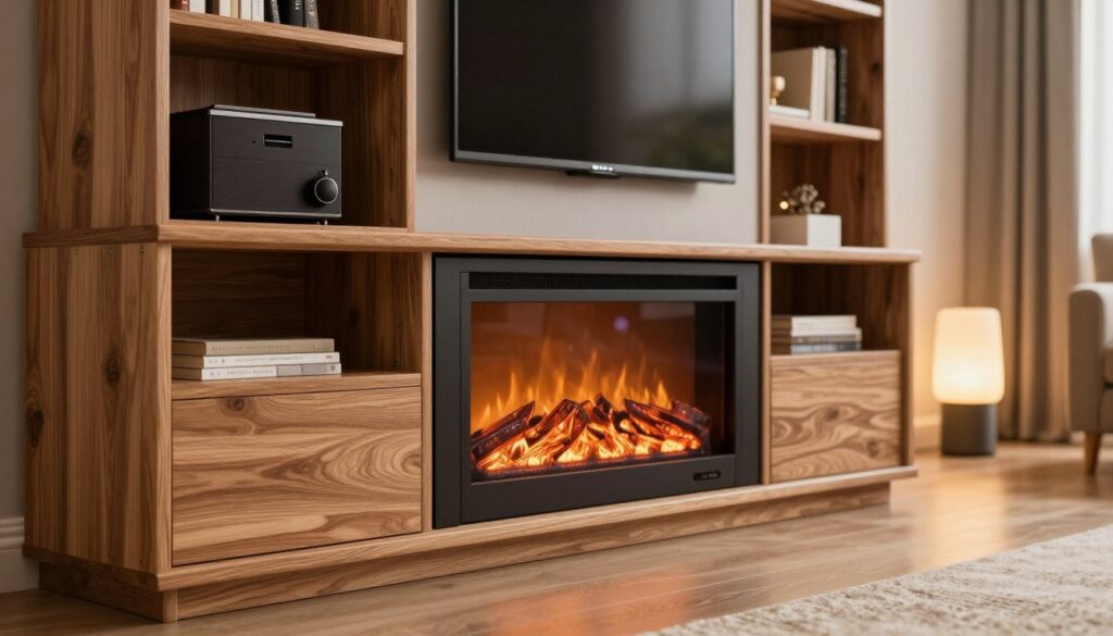 A detailed illustration of an electric fireplace entertainment unit, showcasing its construction quality and material durability. In the foreground, focus on a close-up view of the robust wooden structure, highlighting the intricate grain patterns and joint craftsmanship. The middle layer features a contemporary electric fireplace with glowing flames, surrounded by elegant shelving for electronics, all in a sleek, modern design. In the background, a softly lit living room setting adds a cozy atmosphere, with a diffuser casting warm lighting. Capture the scene from a slightly elevated angle, emphasizing depth. Use natural light to create a welcoming ambiance, enhancing the textures of the materials. The overall mood should convey sophistication and comfort, inviting viewers to appreciate quality craftsmanship. A detailed illustration of an electric fireplace entertainment unit, showcasing its construction quality and material durability. In the foreground, focus on a close-up view of the robust wooden structure, highlighting the intricate grain patterns and joint craftsmanship. The middle layer features a contemporary electric fireplace with glowing flames, surrounded by elegant shelving for electronics, all in a sleek, modern design. In the background, a softly lit living room setting adds a cozy atmosphere, with a diffuser casting warm lighting. Capture the scene from a slightly elevated angle, emphasizing depth. Use natural light to create a welcoming ambiance, enhancing the textures of the materials. The overall mood should convey sophistication and comfort, inviting viewers to appreciate quality craftsmanship.