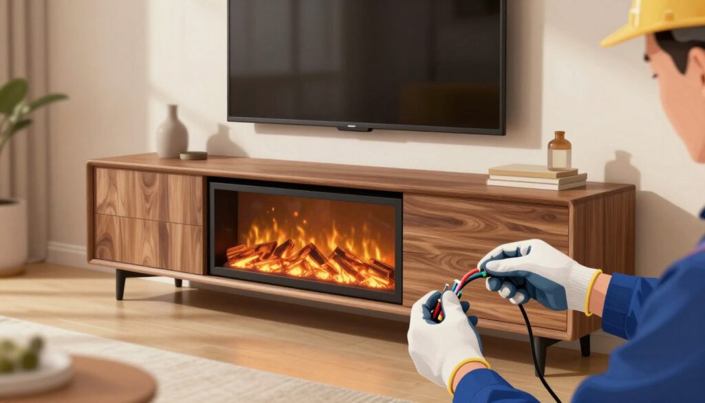 A detailed illustration of fireplace TV console installation instructions focused on electrical safety. In the foreground, a pair of hands in professional attire, wearing safety gloves, connect wires at the back of a stylish, modern TV console with an integrated electric fireplace. The middle ground features the TV console itself, showcasing its sleek design, diverse wood finishes, and a cozy fireplace glowing softly. In the background, a well-lit living room with warm, inviting lighting and minimalistic decor emphasizes a safe home atmosphere. Soft shadows play on the walls, enhancing the sense of a comfortable space. The scene conveys a mood of diligence and care, advocating for safe electrical practices during installation. A detailed illustration of fireplace TV console installation instructions focused on electrical safety. In the foreground, a pair of hands in professional attire, wearing safety gloves, connect wires at the back of a stylish, modern TV console with an integrated electric fireplace. The middle ground features the TV console itself, showcasing its sleek design, diverse wood finishes, and a cozy fireplace glowing softly. In the background, a well-lit living room with warm, inviting lighting and minimalistic decor emphasizes a safe home atmosphere. Soft shadows play on the walls, enhancing the sense of a comfortable space. The scene conveys a mood of diligence and care, advocating for safe electrical practices during installation.