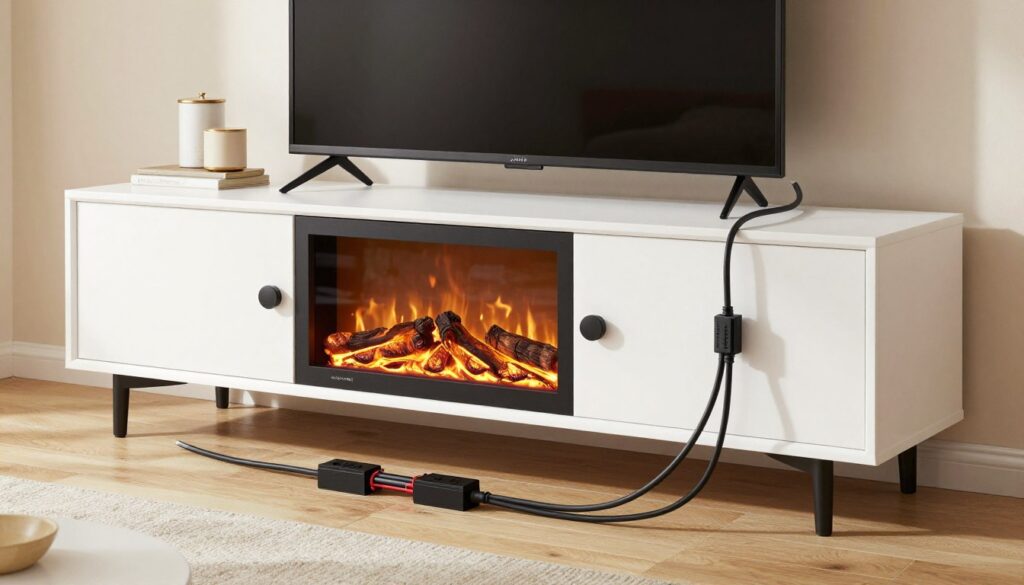 A detailed illustration of the DL70TV-BLK/WHT/RBP fireplace TV stand, showcasing a careful assembly of cable management solutions. In the foreground, neatly organized wires are tucked along the back of the stand, demonstrating effective wire organization. The middle ground features the TV stand itself, with a fireplace insert flickering softly, creating a warm ambiance. The background includes a cozy living room setting with soft lighting and decorative elements, enhancing the homey atmosphere. The image is captured from a slight angle using a wide lens to offer a comprehensive view. The overall mood is inviting and organized, perfect for illustrating cable management in a modern home environment.