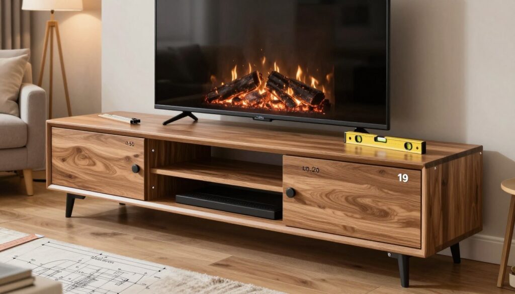 A detailed illustration showcasing a robust TV stand designed for fireplace insert installation, emphasizing its weight capacity and structural support. In the foreground, a well-constructed wooden TV stand, featuring metal reinforcements and clear weight capacity markings. In the middle ground, visualize a fireplace insert placed snugly into the stand, surrounded by drafting tools such as a ruler and level to indicate measurement precision. The background includes a cozy living room setting, softly lit by ambient lighting, with a design layout showing calculations for support requirements. The atmosphere is warm and professional, ideal for home improvement articles. Angled shot using a wide lens to capture details and depth, while keeping the focus on the TV stand and fireplace insert. A detailed illustration showcasing a robust TV stand designed for fireplace insert installation, emphasizing its weight capacity and structural support. In the foreground, a well-constructed wooden TV stand, featuring metal reinforcements and clear weight capacity markings. In the middle ground, visualize a fireplace insert placed snugly into the stand, surrounded by drafting tools such as a ruler and level to indicate measurement precision. The background includes a cozy living room setting, softly lit by ambient lighting, with a design layout showing calculations for support requirements. The atmosphere is warm and professional, ideal for home improvement articles. Angled shot using a wide lens to capture details and depth, while keeping the focus on the TV stand and fireplace insert.