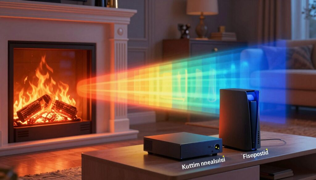 A detailed illustration showcasing heat dissipation in an entertainment center, with a modern fireplace TV stand on the left radiating heat. In the foreground, a pair of electronic devices like a gaming console and a sound system, labeled with their safe distance from the heat source, demonstrating a critical distance requirement. The middle ground features a heat map visual with gradations of color from warm reds near the fireplace to cooler blues where the electronics are located. The background shows an elegant living room setting with dim, ambient lighting, creating a cozy atmosphere. The perspective is slightly angled, capturing depth and spatial relationship between the heat source and electronics. The overall mood should be educational and informative, inviting readers to understand safety considerations without distractions or text.