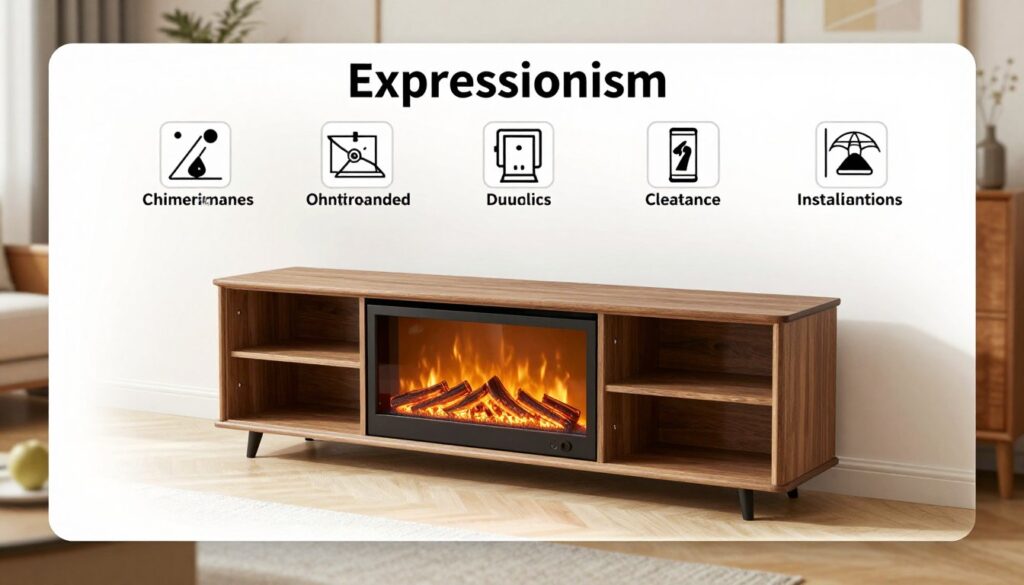 A detailed installation guide for an electric fireplace TV stand, presented in a clean, organized layout. In the foreground, a well-lit electric fireplace TV stand is showcased, with emphasis on safety features like adjustable shelves and heat-resistant materials. The middle ground includes illustrated safety ratings and icons that highlight key installation guidelines, such as recommended clearances and wall mounting tips. In the background, a cozy living room setting provides context, featuring stylish decor and warm lighting that creates an inviting atmosphere. The image utilizes a soft focus effect to emphasize the fireplace stand while maintaining a harmonious color palette that conveys safety and comfort. The overall mood is professional and informative, suited for educational content on safety and installation practices.