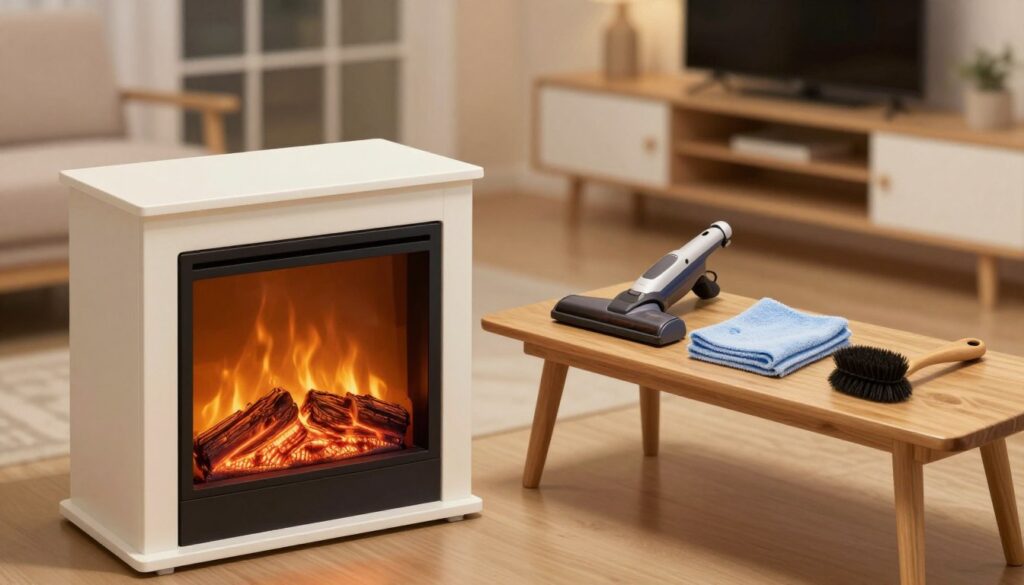 A detailed maintenance guide illustration for electric fireplace inserts. In the foreground, showcase a clean, well-maintained electric fireplace insert with realistic glowing logs and flickering flames emanating warmth. In the middle, display tools and cleaning materials: a small vacuum for ash, a microfiber cloth, and a soft brush, arranged neatly on a wooden bench. The background features a cozy living room setting with a modern fireplace TV stand, subtle ambient lighting emanating from the fireplace, creating a warm and inviting atmosphere. Use a slightly elevated angle to capture both the fireplace details and the surrounding room. The lighting should be soft and warm, evoking a feeling of comfort and home. Ensure no text or branding elements are present.
