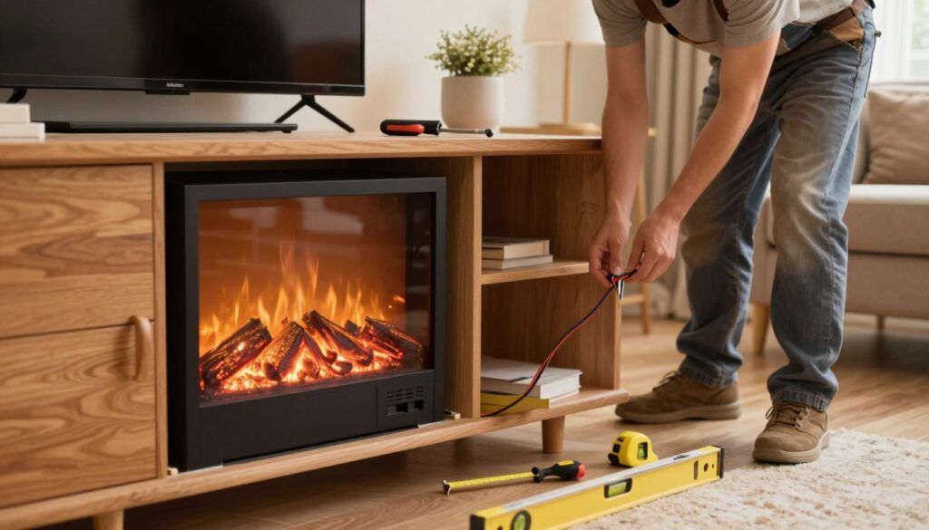 A detailed scene depicting the installation of an electric fireplace within an entertainment center. In the foreground, an electric fireplace unit with a realistic flame effect is shown partially inserted into a stylish wooden TV stand, surrounded by essential tools like a screwdriver, measuring tape, and a level. In the middle ground, a person dressed in casual work attire is focused on connecting wires, ensuring precise placement. The background features a cozy living room ambiance, with warm lighting from a nearby window that creates a welcoming atmosphere. Soft shadows add depth, while the angle captures both the fireplace and the tools prominently, emphasizing the installation process. The overall mood is one of concentration and home improvement progress.