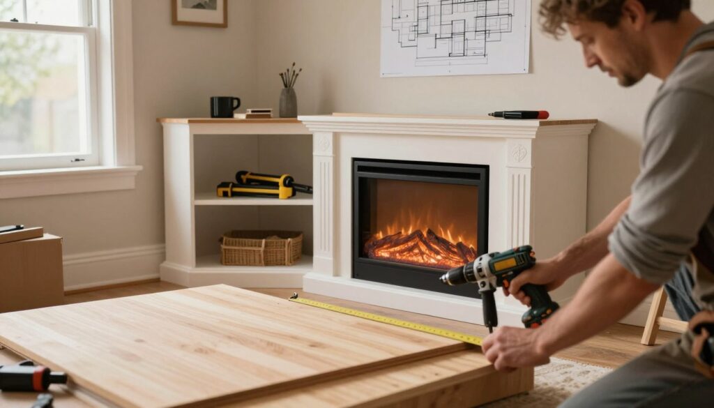 A detailed scene displaying the installation process of a corner electric fireplace TV console, featuring a professional carpenter in modest casual clothing, carefully measuring and assembling wooden panels. In the foreground, focus on the carpenter's hands as they secure the fireplace frame with a power drill. The middle ground showcases the partially assembled TV console, with decorative molding, a sleek electric fireplace, and tools neatly arranged nearby. In the background, a well-lit room with warm, inviting decor, large windows allowing natural light, and a blueprint of the plans hanging on the wall. The overall atmosphere is one of craftsmanship, precision, and comfort, emphasizing the transformation of a living space. The lighting is soft yet clear, giving a welcoming feel to the scene.