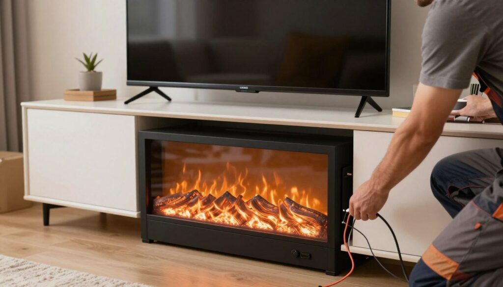 A detailed scene of an electric fireplace insert being installed into a modern TV console. In the foreground, a person wearing professional work attire carefully connects wires and adjusts the fireplace insert, displaying concentration and expertise. The middle ground features a stylish TV console, with a sleek design, showcasing both the fireplace and space for a large flat-screen TV above. In the background, a cozy living room is visible, with soft lighting creating a warm atmosphere, hinting at the fireplace's glow even before it's fully installed. The shot is taken from a slightly elevated angle, focusing on the installation process, conveying a sense of craftsmanship and innovation. No text or logos, emphasizing a clean, informative presentation.