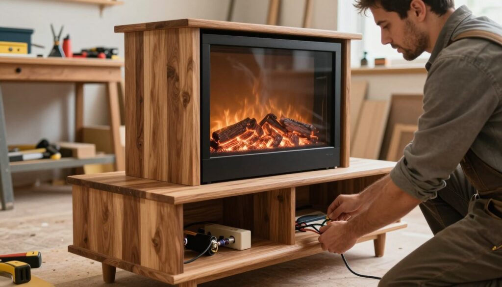 A detailed scene showcasing a skilled carpenter meticulously installing an electric fireplace in a beautifully crafted wooden TV stand. In the foreground, focus on the carpenter, dressed in a smart, casual outfit, carefully connecting wires to a power outlet. The middle layer features the electric fireplace, elegantly integrated into the wooden stand, which displays rich textures and warm finishes. The background includes a well-lit workshop, with tools neatly organized on a workbench, and a warm glow emanating from the fireplace. Use soft, natural lighting to create a cozy atmosphere while emphasizing the importance of electrical safety. The angle should be slightly low to capture both the craftsmanship of the stand and the installation process, ensuring a professional and inviting mood throughout the scene.