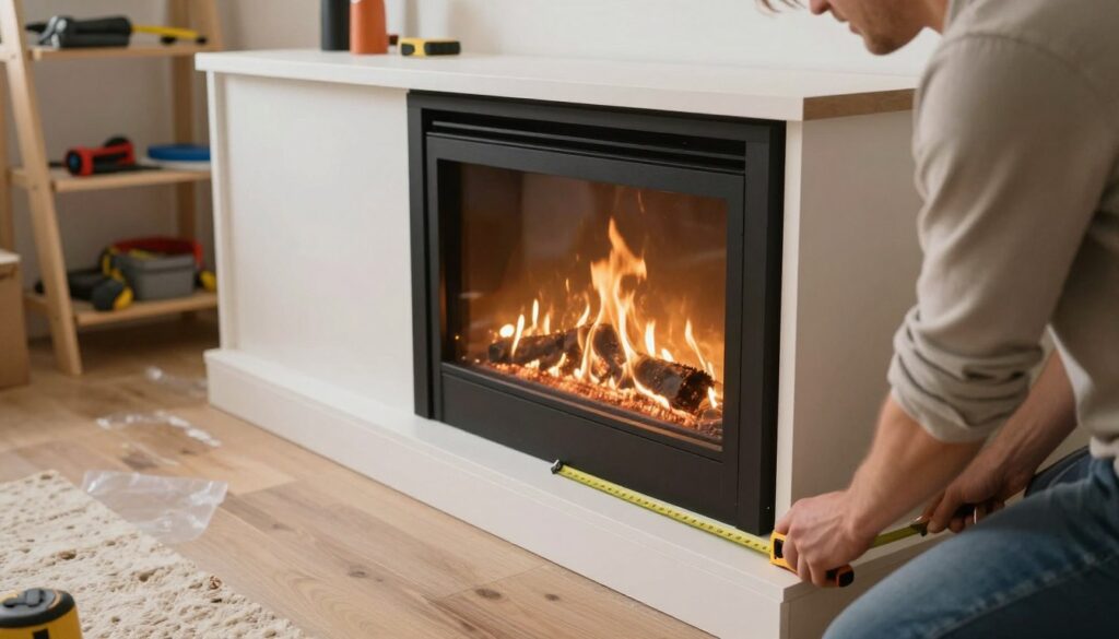 A detailed, step-by-step installation scene showcasing a media console with a fireplace insert. In the foreground, a person in modest casual clothing is carefully measuring and marking the console in preparation for the insert, using a measuring tape. The middle ground features a stylish, modern media console with the fireplace insert partially installed, highlighted by warm, inviting flames flickering gently within the insert. In the background, shelves with tools and accessories add to a practical workshop atmosphere. Soft, natural lighting creates a cozy ambiance, while a slight overhead angle captures the entire installation process, giving viewers a clear understanding of the steps involved. The overall mood is focused and instructional, emphasizing a hands-on approach to home improvement.
