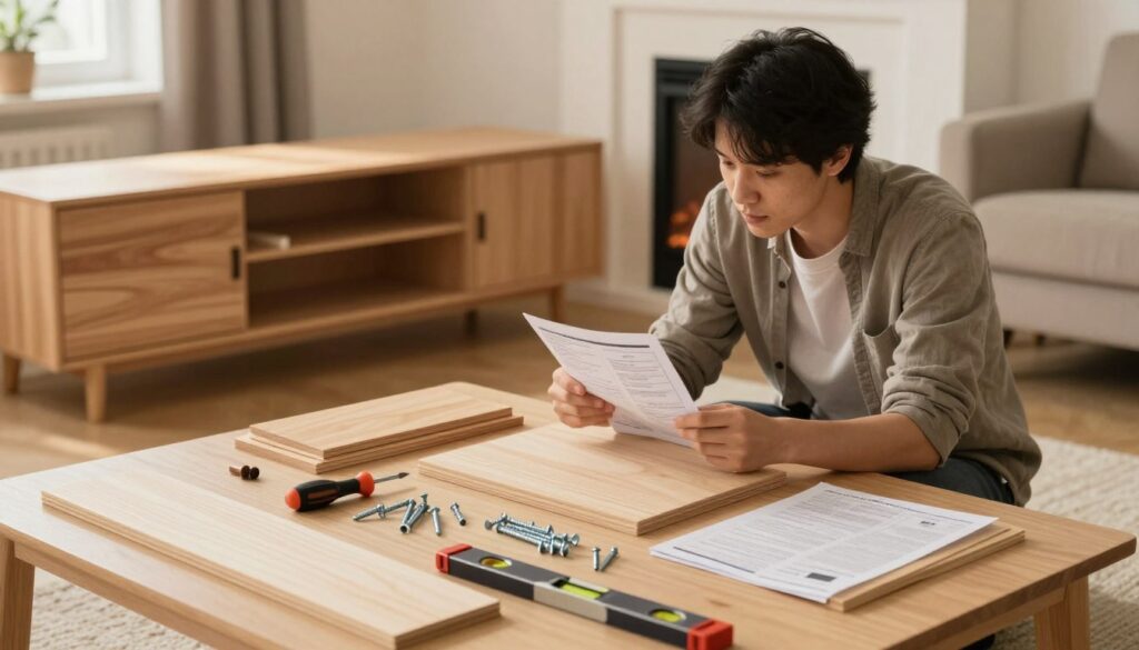 A detailed step-by-step visual guide depicting the troubleshooting process for assembling a TV stand with an integrated fireplace. In the foreground, include neatly arranged assembly parts like wooden panels, screws, and tools such as a screwdriver and a level. The middle section should showcase an individual in modest casual clothing, carefully inspecting the instructions and pieces; their expression reflects focus and determination. In the background, a partially assembled TV stand sits, with a fireplace feature visible, all set in a cozy, well-lit living room. Soft, warm lighting enhances a welcoming atmosphere, while the angle captures the assembly area from a slightly elevated viewpoint for clarity and depth. Ensure the color palette is warm and inviting. A detailed step-by-step visual guide depicting the troubleshooting process for assembling a TV stand with an integrated fireplace. In the foreground, include neatly arranged assembly parts like wooden panels, screws, and tools such as a screwdriver and a level. The middle section should showcase an individual in modest casual clothing, carefully inspecting the instructions and pieces; their expression reflects focus and determination. In the background, a partially assembled TV stand sits, with a fireplace feature visible, all set in a cozy, well-lit living room. Soft, warm lighting enhances a welcoming atmosphere, while the angle captures the assembly area from a slightly elevated viewpoint for clarity and depth. Ensure the color palette is warm and inviting.