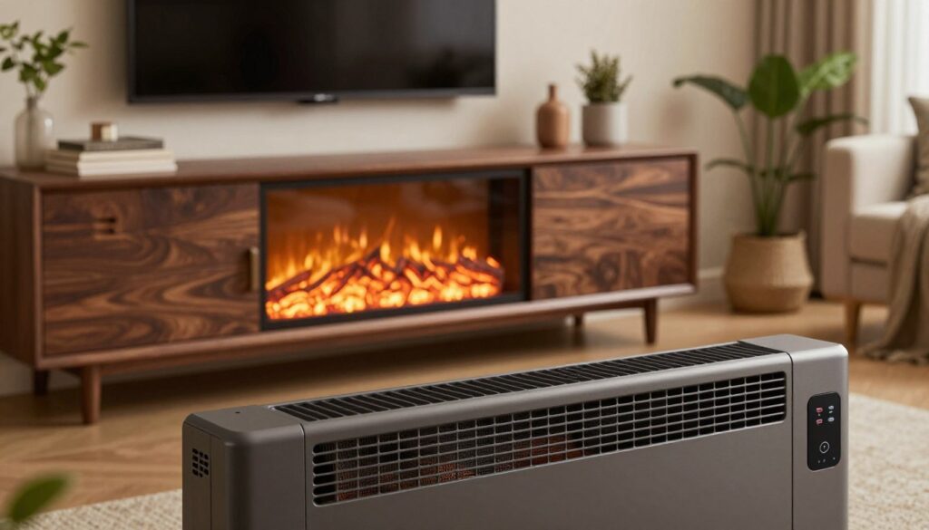 A detailed view of a replacement heater designed for an electric fireplace within a stylish TV stand. In the foreground, focus on the sleek, modern heater with visible heating elements and control panel, displaying intricate details such as buttons and temperature settings. In the middle ground, showcase the TV stand, beautifully crafted in dark wood with a cozy ambiance, as a warm glow emanates from the heater, highlighting its functionality. The background features a softly lit living room setting with neutral tones, plants, and a comfortable sofa, giving an inviting atmosphere. Use soft, ambient lighting to enhance warmth and comfort, captured with a slight angle to emphasize depth, creating an inviting and homely mood.