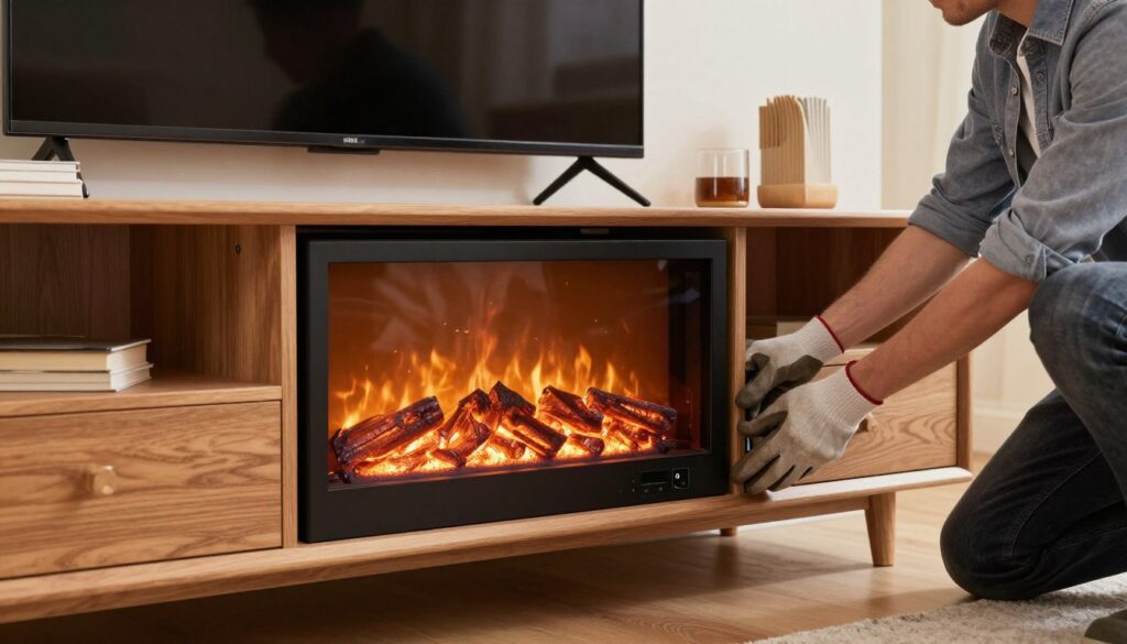 A detailed view of a wooden TV stand designed for fireplace installations, featuring an electric fireplace insert being carefully placed inside the stand. In the foreground, the insert is sleek and modern, with glowing embers and flickering flames that create a warm ambiance. In the middle ground, a handyman in work gloves and a button-up shirt is adjusting the insert, embodying focus and expertise. The background showcases a cozy living room setting with soft, ambient lighting and a neutral color palette, enhancing the homey feel. The angle is slightly low, emphasizing the height of the TV stand and inviting viewers into the scene. The atmosphere is calm, illustrating the process of home improvement and the integration of technology into traditional designs. A detailed view of a wooden TV stand designed for fireplace installations, featuring an electric fireplace insert being carefully placed inside the stand. In the foreground, the insert is sleek and modern, with glowing embers and flickering flames that create a warm ambiance. In the middle ground, a handyman in work gloves and a button-up shirt is adjusting the insert, embodying focus and expertise. The background showcases a cozy living room setting with soft, ambient lighting and a neutral color palette, enhancing the homey feel. The angle is slightly low, emphasizing the height of the TV stand and inviting viewers into the scene. The atmosphere is calm, illustrating the process of home improvement and the integration of technology into traditional designs.
