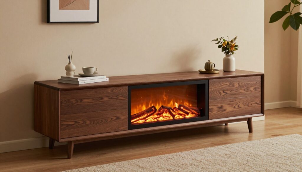 A modern TV stand featuring a built-in electric fireplace, designed with sleek safety features. The foreground showcases the TV stand, crafted from dark wood with a contemporary finish, with the fireplace glowing gently and emitting no sparks. Flames are simulated with realistic LED technology, ensuring safety. In the middle, a cozy living room setting highlights the TV stand against a soft, neutral wall, with a plush rug and stylish decor elements like potted plants and framed artwork. The background reveals a warm, inviting atmosphere enhanced by soft ambient lighting, possibly evening time, creating a sense of tranquility. Capture the scene from a slightly angled perspective, focusing on the details of the stand and fireplace, embodying a modern home comfort aesthetic.