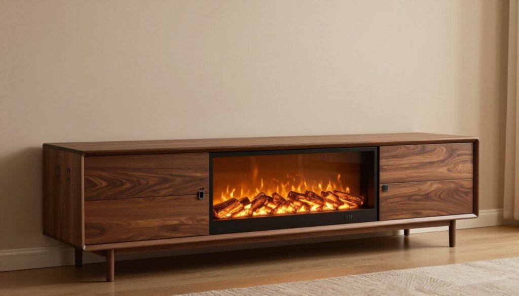 A modern TV stand featuring an integrated electric fireplace, showcasing safety features like proper spacing and ventilation. In the foreground, the sleek TV stand is made of dark wood with minimalist lines, centered with an electric fireplace that has a clear safety barrier. The flames emit a warm, inviting glow, creating a cozy atmosphere. To the sides, visible electrical outlets and circuit breakers ensure proper electrical compliance. In the background, a softly-lit living room setting with neutral-colored walls and a stylish carpet adds depth to the scene. The lighting is warm, enhancing the inviting feel, with medium depth of field focused on the TV stand. The overall mood conveys safety and comfort, inviting the viewer to consider their own setup.