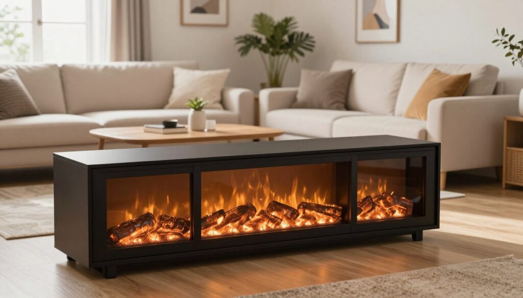 A modern electric fireplace TV stand, fully assembled and elegantly placed in a cozy living room setting. In the foreground, the TV stand features a sleek design with a realistic electric fireplace glowing warmly, emitting a soft, inviting light. The middle of the image captures a plush sectional sofa and an inviting coffee table, suggesting a family-friendly atmosphere. The background showcases tasteful decor, like framed pictures and house plants, creating a lived-in feel. Natural light streams in through a window, enhancing the warm tones of the room. The overall mood is comforting and welcoming, perfect for discussing warranty and return policies. The image should be clear and detailed, shot from a slightly angled view to showcase the depth and design of the furniture.