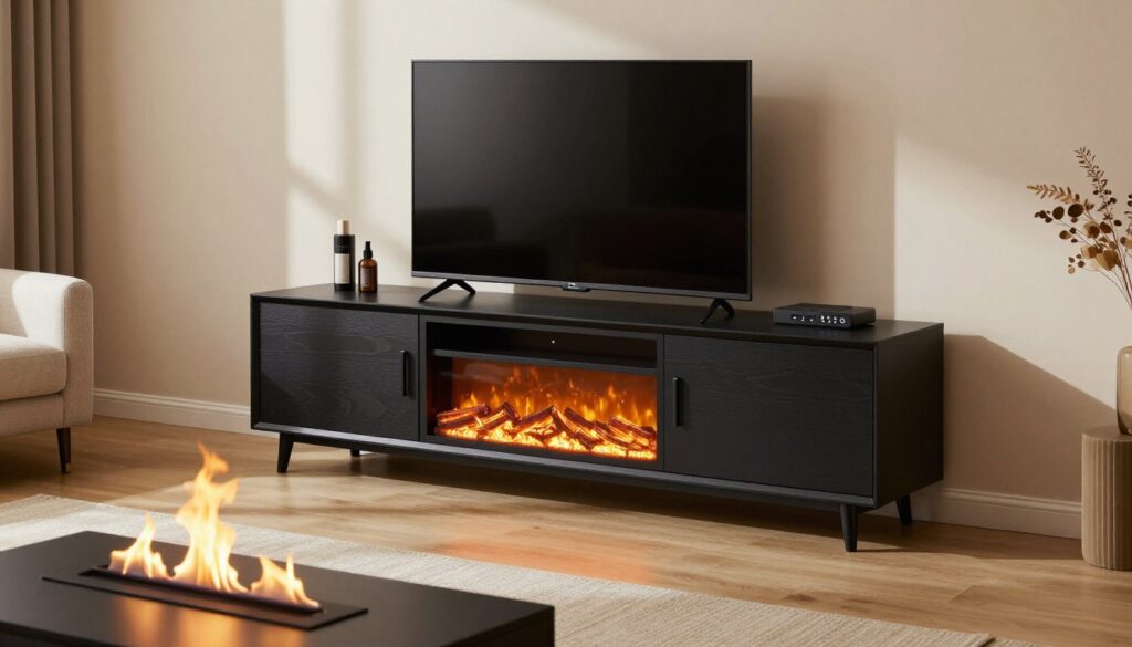 A modern electric fireplace TV stand with smart features, elegantly designed in a sleek black finish, sits in the center of the composition. In the foreground, the realistic flames from the fireplace glow warmly, creating a cozy atmosphere. In the middle, the TV stand showcases built-in LED lights and smart home controls, all expertly integrated into the design. The background features a stylish living room setting with neutral-toned walls and tasteful decor, complete with a plush sofa and decorative plants. Soft natural light streams in from a window, casting gentle shadows that enhance the inviting mood. The image should be taken from a slightly elevated angle, allowing for a comprehensive view of the stand's features while maintaining a warm, homely ambiance. The overall tone conveys modern elegance with a focus on innovative home technology.