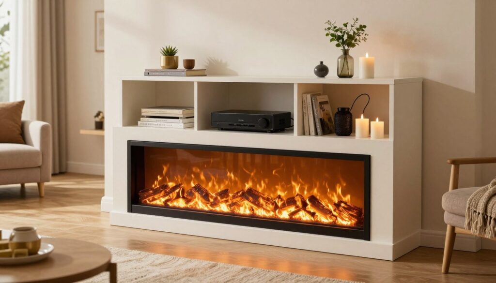 A modern electric fireplace entertainment center in a stylish living room, featuring a sleek design with clean lines and a warm, inviting atmosphere. In the foreground, the electric fireplace glows with soft, flickering flames, surrounded by a beautiful mantel holding decorative items like candles and small plants. The middle layer showcases an organized TV stand with neatly arranged shelves, housing an array of electronic devices, books, and decorative accents, with the cables seamlessly managed and hidden from view. In the background, a cozy seating area with plush chairs and a soft rug creates a welcoming environment. Natural light filters in through large windows, casting a warm glow across the room, enhancing the inviting and organized feel of the space. A modern electric fireplace entertainment center in a stylish living room, featuring a sleek design with clean lines and a warm, inviting atmosphere. In the foreground, the electric fireplace glows with soft, flickering flames, surrounded by a beautiful mantel holding decorative items like candles and small plants. The middle layer showcases an organized TV stand with neatly arranged shelves, housing an array of electronic devices, books, and decorative accents, with the cables seamlessly managed and hidden from view. In the background, a cozy seating area with plush chairs and a soft rug creates a welcoming environment. Natural light filters in through large windows, casting a warm glow across the room, enhancing the inviting and organized feel of the space.