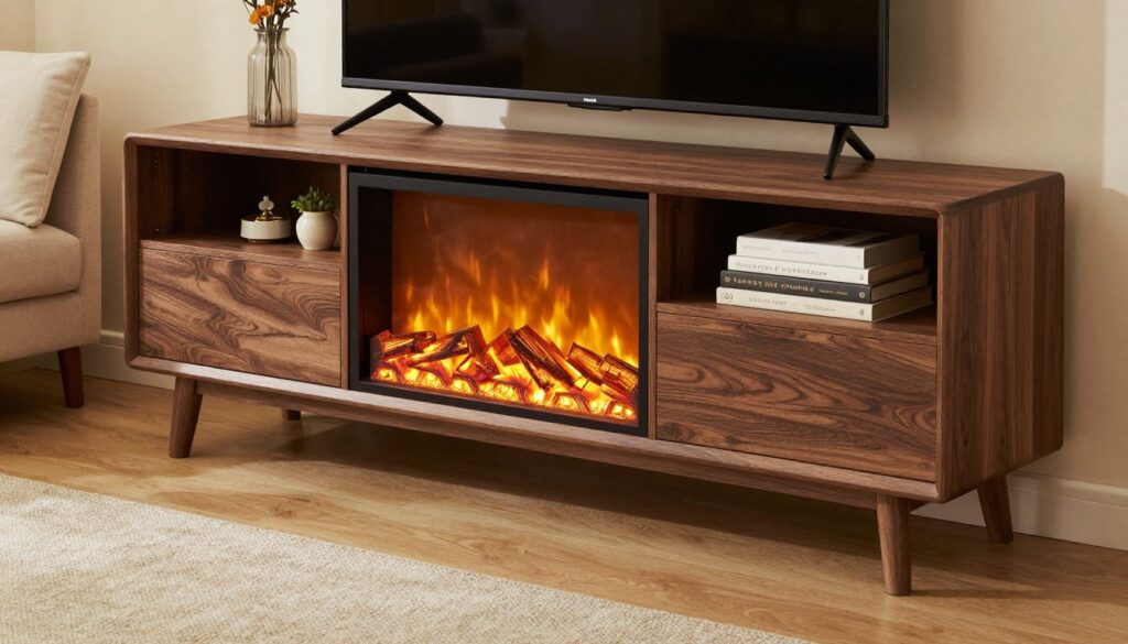 A modern electric fireplace integrated within a stylish TV stand, showcasing both elements harmoniously. In the foreground, the fireplace glows with a warm, inviting flame, casting gentle light. The TV stand is sleek, made of dark wood with open shelves displaying books and decor items. In the middle, focus on the weight support structure of the TV stand, emphasizing strong, sturdy legs designed to securely hold heavy equipment. In the background, a cozy living room setting adds context, with a soft rug and comfortable sofa. The lighting is soft and warm, creating a welcoming atmosphere. The angle is slightly elevated to showcase both the fireplace and TV stand, highlighting their dimensions and compatibility.